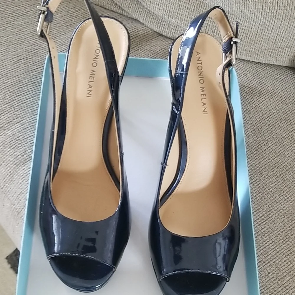 ANTONIO MELANI Navy Patent Peep-Toe Slingback Heels - Picture 1 of 3
